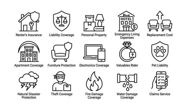 Renter insurance icons showing coverage types in grid