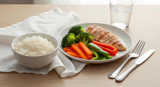 Healthy Meal with Chicken Rice and Vegetables Balanced Diet Food Concept