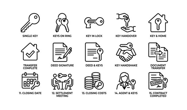 Real estate key and closing process icons arranged on white background