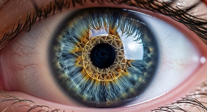 Extreme close-up of a human eye with intricate golden geometric patterns within the iris