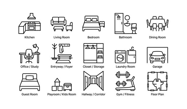 Interior room icons showing labeled home spaces on white background
