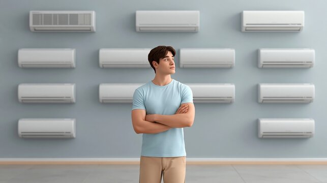 Young man in light blue t-shirt stands with arms crossed in front of a display wall featuring multiple air conditioning units in a modern showroom setting