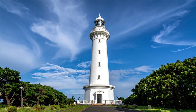 White Coastal Lighthouse Tower Against Blue Sky.