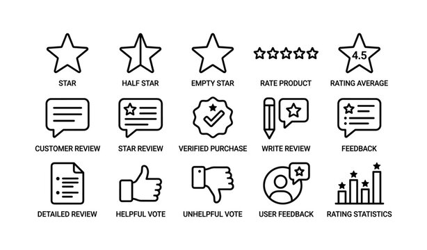 Rating and review icons arranged in grid on white background