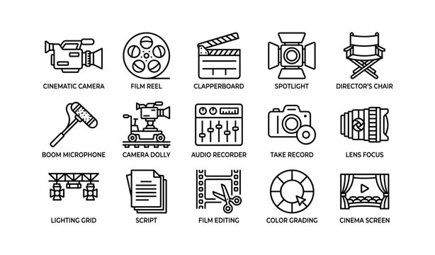 Film production icons representing equipment and crew tools