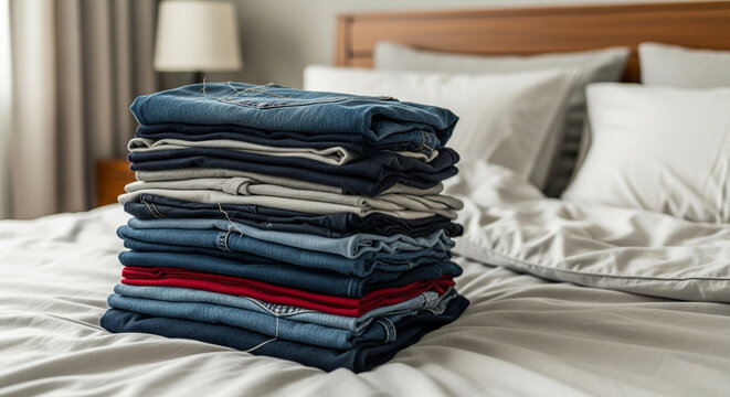 Stack of Folded Jeans on Bed Clothing Fashion Lifestyle Concept