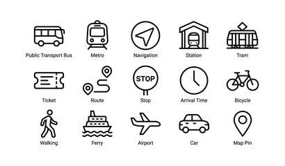 Fototapeta premium Transportation and navigation icons for transit on white background