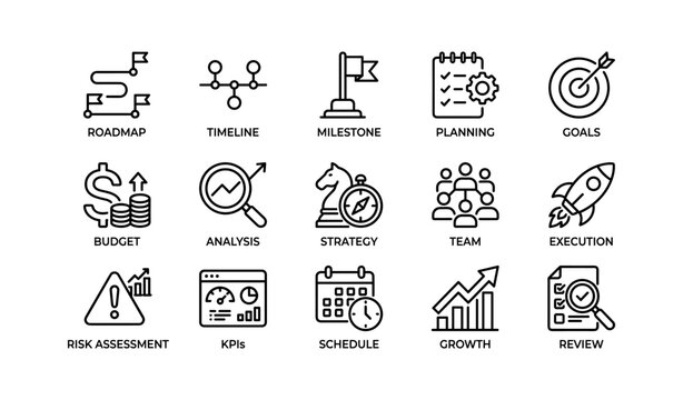 Project planning icons showing roadmap goals and execution on white