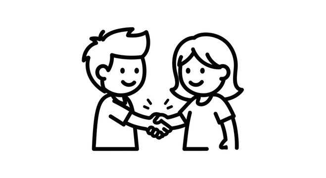 A simple black and white line art illustration of a man and a woman shaking hands.