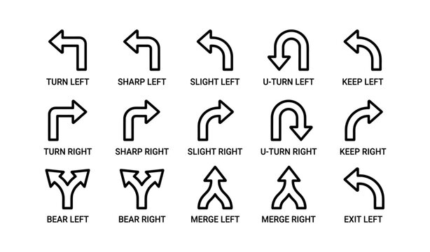 Road direction arrows and turn icons on white background
