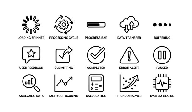 User interface status icons showing loading progress and alerts