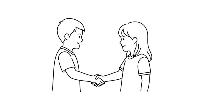 A young boy and a young girl shaking hands.