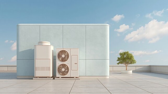 Air conditioning units installed on a rooftop terrace with a light blue wall and a small tree under a clear sky with scattered clouds in the background