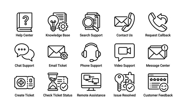 Customer support icons showing contact and help options on white