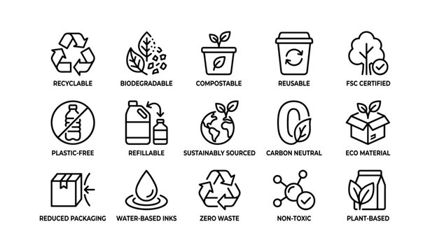 Sustainability icons showing eco labels in grid on white