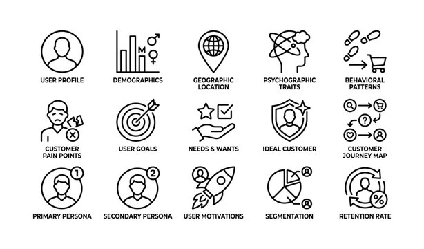 User persona and customer journey icons for ux research