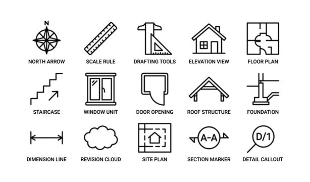 Architectural drawing symbols arranged in grid on white background