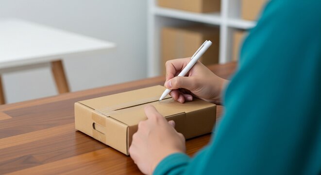 Close-up of person's hands writing on a small cardboard box with a pen, preparing for shipping