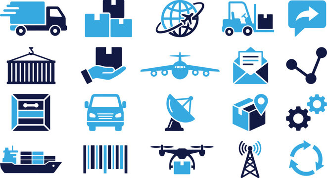 Logistics and shipping icons set transportation and delivery symbols.