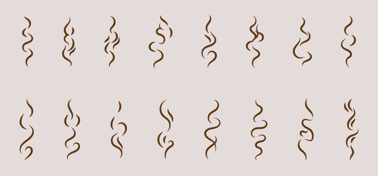 Smoke and steam icon set in vector style. Hot vapor, aroma, smell, and heat line icons with fire, coffee, fragrance, and flame elements. Simple doodle outline vector illustration.