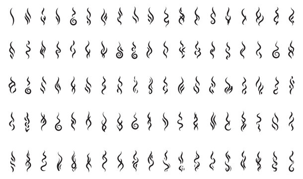 Smoke and steam icon set in vector style. Hot vapor, aroma, smell, and heat line icons with fire, coffee, fragrance, and flame elements. Simple doodle outline vector illustration.