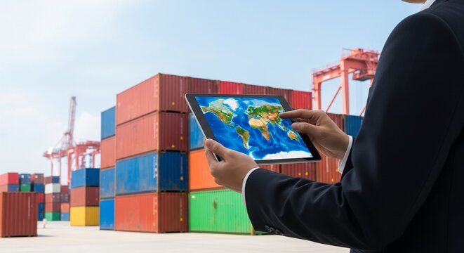 Business person using tablet with world map display in a shipping container yard with cranes