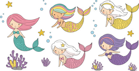 Naklejka premium Cute mermaid collection set with colorful fantasy sea princess characters in playful cartoon vector illustration