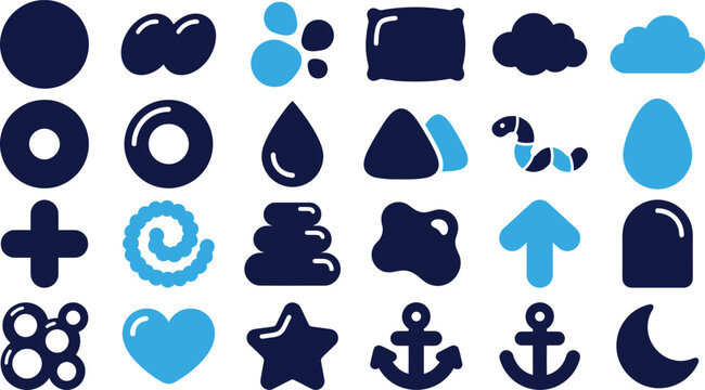 Simple geometric and organic shapes including circles squares clouds heart star anchor and more basic forms.