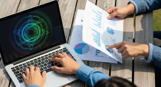 Business professionals collaborating on data analysis using laptop and charts on a wooden table