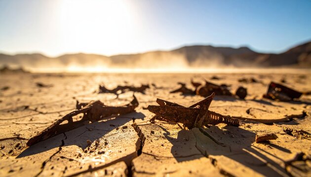 Jagged pieces of rusted metal shrapnel scattered across the cracked and parched earth of a sunlit desert landscape representing the harsh consequences of decay and forgotten human industry.