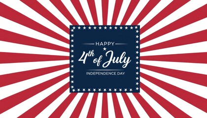 Obraz premium Vintage 4th of July Independence Day greeting, patriotic red and white sunburst background, American holiday celebration graphic with blue square frame
