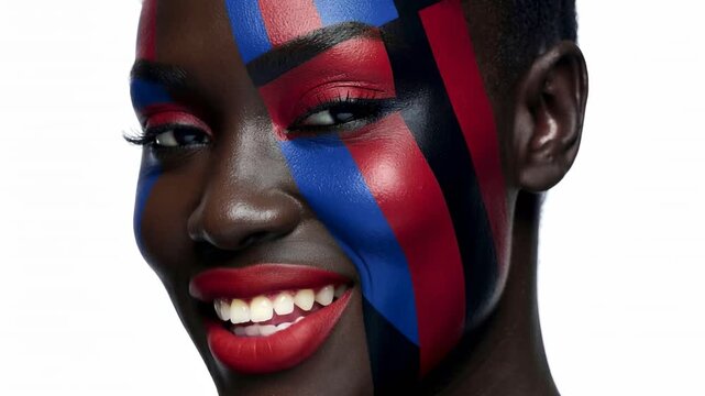 A model displays vibrant facial art with bold colors and patterns. Close-up shots focus on different expressions and detailed designs created with makeup.