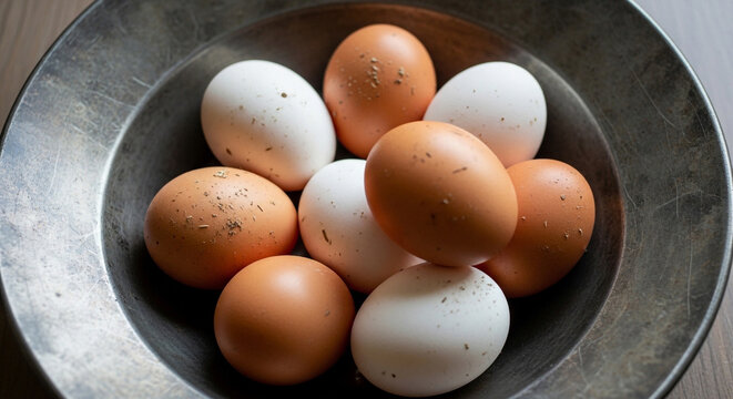 Fresh Brown and White Eggs in Metal Bowl &ndash; Organic Protein Food Concept