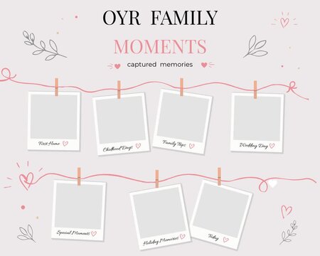 A scrapbook-style layout with blank polaroid photo frames clipped to a string, surrounded by hand-drawn hearts and leaves, titled &ldquo;Moments&rdquo;