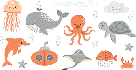 Cute sea animals collection with ocean creatures and underwater cartoon vector illustration set © Prodip