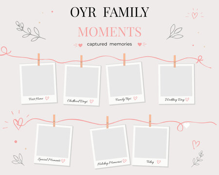 A scrapbook-style layout with blank polaroid photo frames clipped to a string, surrounded by hand-drawn hearts and leaves, titled &ldquo;Moments&rdquo;