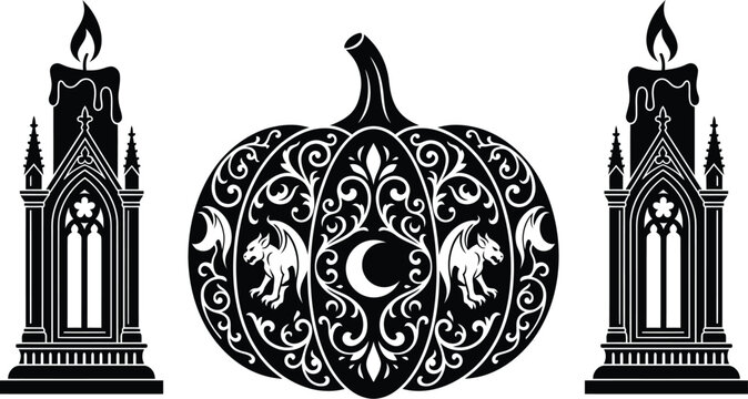 Ornate Gothic Pumpkin and Cathedral Candles Silhouette Vector
