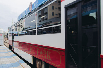 Obraz premium Beach Train, Haeundae Blue Line Park, Busan, scenic ride on tram, railway route from Mipo to Cheongsapo station, coastal railroad in Busan, Yeongnam, South Korea, Republic of Korea travel