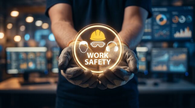 Glass-like work safety badge glows above a supervisor&rsquo;s palm, suggesting monitoring and compliance in a bustling factory control area.