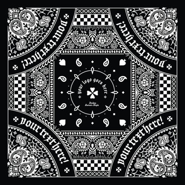 Black and white paisley bandana vector template with skulls and checkerboard design