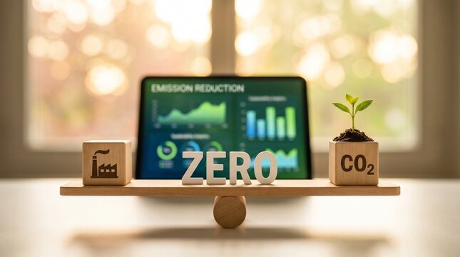 Green emissions concept board reads ZERO with a bar chart and sustainability icons beside CO2 cubes and a small tree on a softly lit desk.