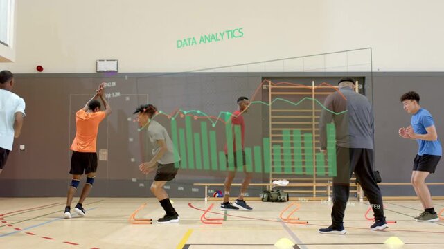 Coach cueing team doing hurdle drills and jumps for sports, analytics overlay tracking reps