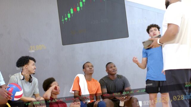 Coach leading sports team, player raising hand nodding for data review as chart sweeping over bench