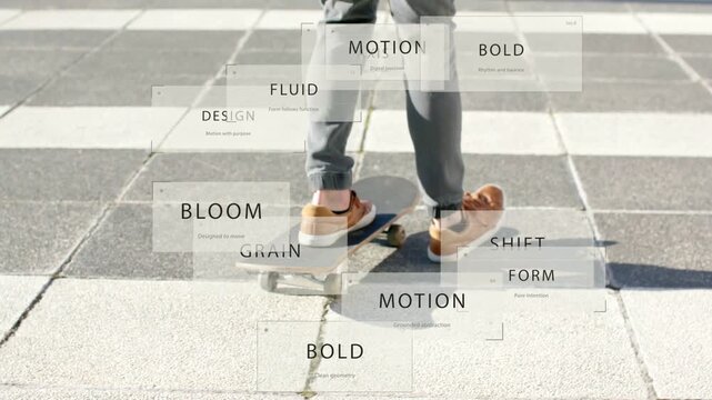 Male skater placing foot, pushing off and rolling away across plaza while motion panels layering