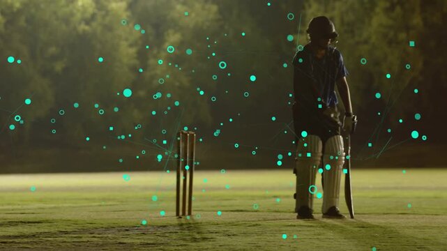 Batsman on pitch swinging bat on ball, regaining stance and walking, teal tech VFX accenting motion