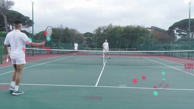 Front server tossing high serve, tennis rally with racket, net, team cheering for point walking off