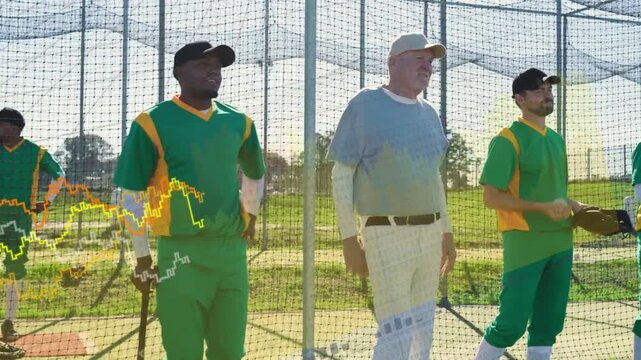 Coach and team at batting-cage reacting to offscreen pitch, prepping with graph growing across team
