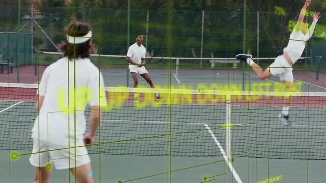 Opponent hitting shot, near-side player returning volley to keep rally, neon HUD tracking, sports