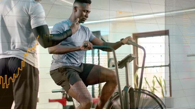Rider putting hands on handles, pedaling harder after coach cues for fitness as yellow graph rising