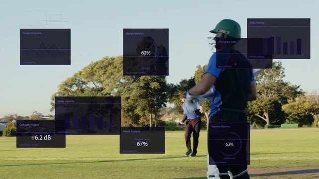 Batter taking front drive as bowler bowling, cricket panels updating around batter, team saluting